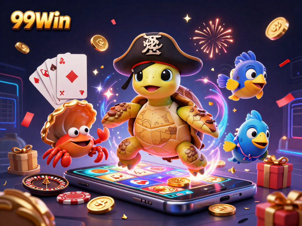 Play thrilling games at 99Win amidst colorful 3D casino characters and vibrant elements.