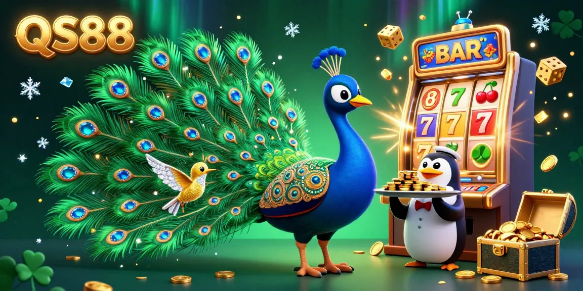 Engage with QS88’s dynamic casino scene featuring a peacock and penguin amidst floating jackpot elements.