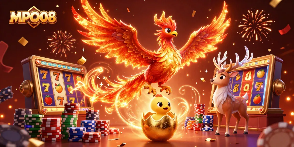 MPO08 enhances thrill with vibrant slot reels and a phoenix in a dynamic casino scene.