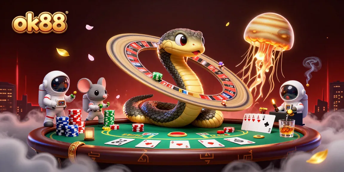 Betting on ok88's roulette-like Saturn with astronaut mice and cosmic dealer in a vibrant casino scene.