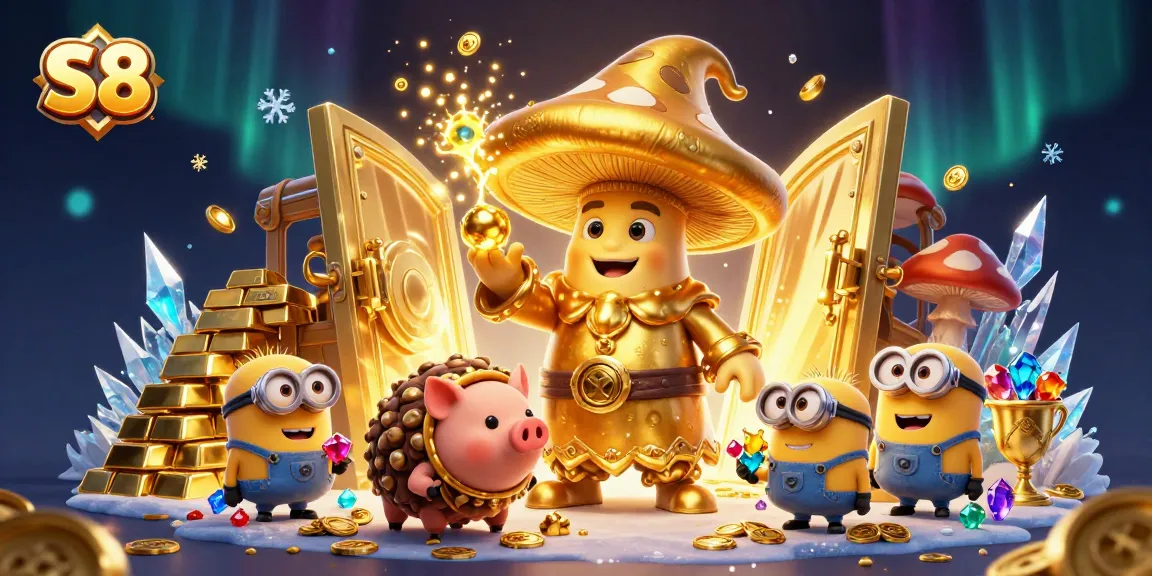 S8 players discover treasure in the magical world of online gambling with gems, gold coins, and vibrant effects.