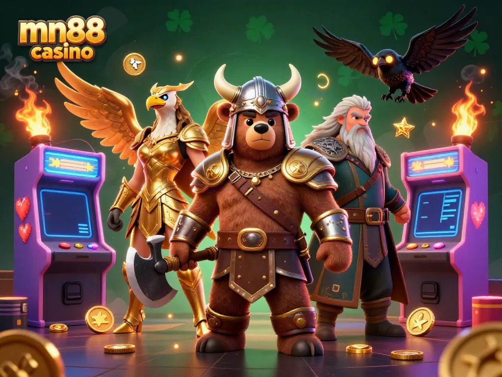 Engage with the vivid world of mn88 casino, featuring dynamic characters and arcade elements immersed in a colorful backdrop.