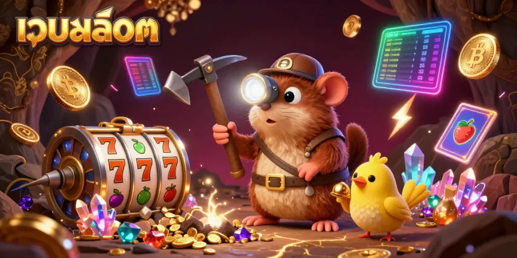 Play engaging เว็บสล็อต with dynamic slots and treasures in a vibrant, cartoonish casino scene.