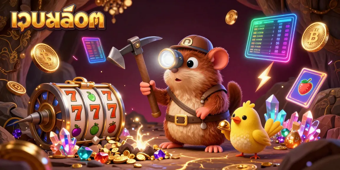Play engaging เว็บสล็อต with dynamic slots and treasures in a vibrant, cartoonish casino scene.