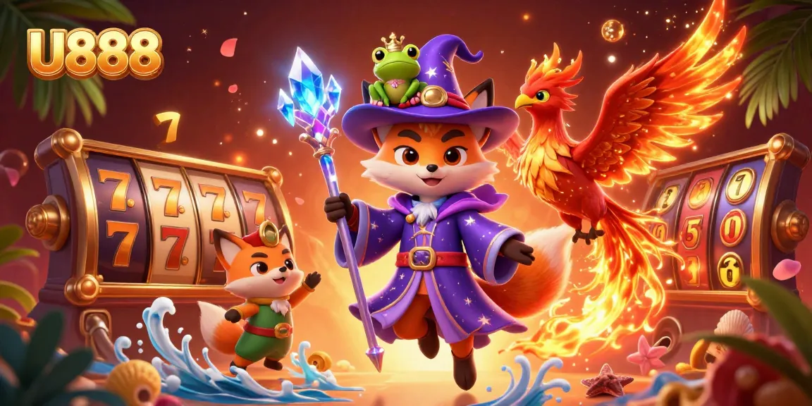 Engage in thrilling slot action with U888's captivating 3D casino illustration featuring enchanting characters.