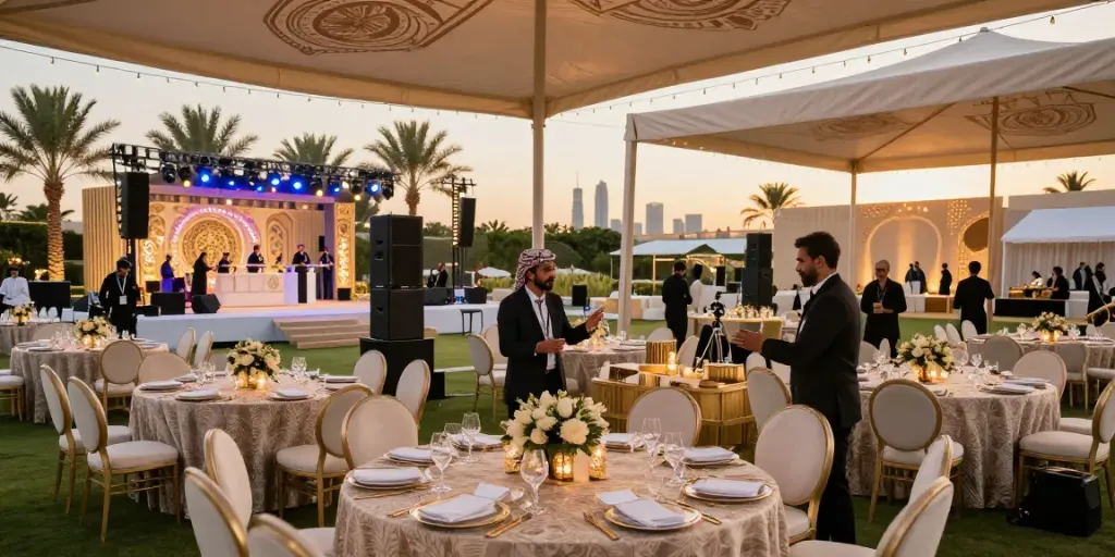 Event rentals setup for a corporate gala in Saudi Arabia with elegant decor and AV equipment.
