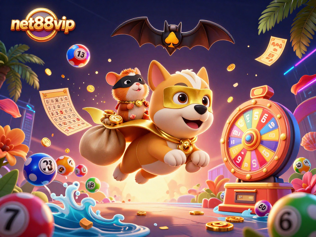 net88vip showcases a vibrant 3D illustration filled with colorful gambling elements and lively characters.