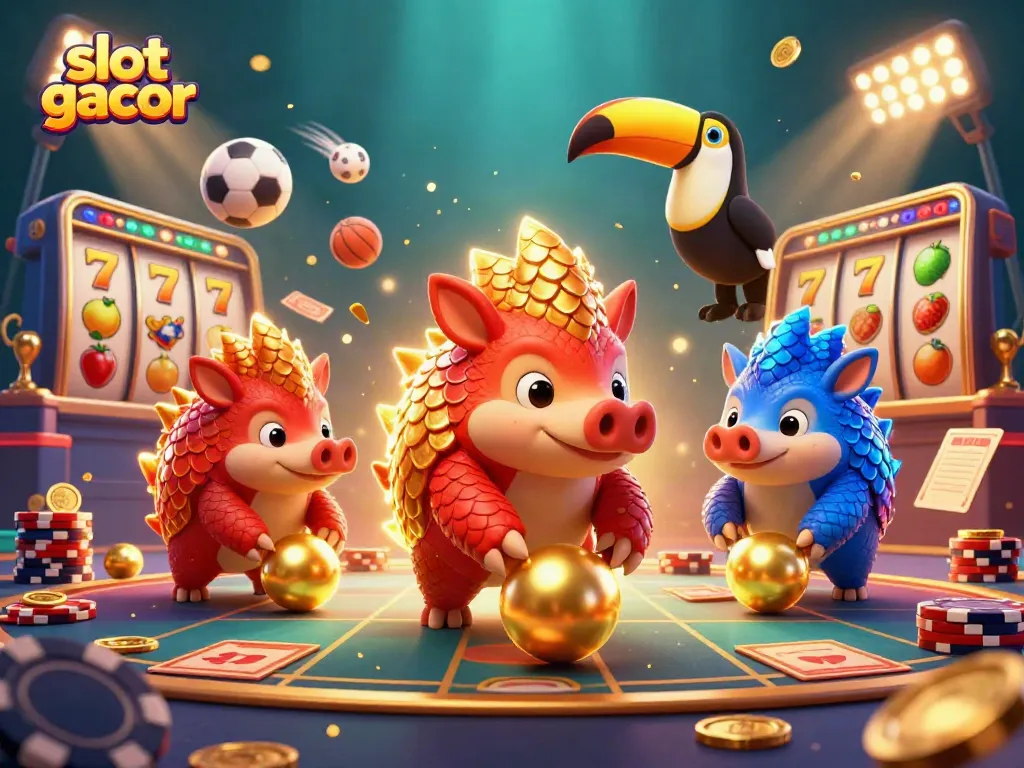 Slot gacor menarik streamer dengan pangolin bertarung di kasino, penuh elemen permainan.