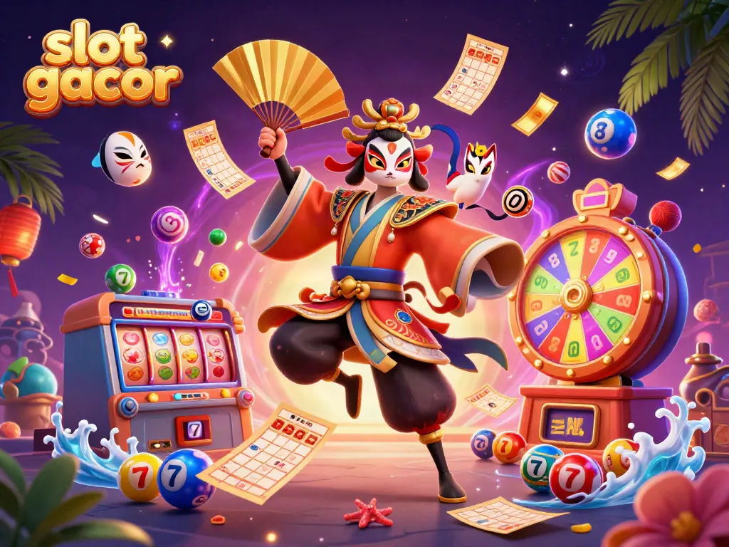 Menggoda keberuntungan di slot gacor dengan karakter kabuki, bola lotere berwarna, dan elemen permainan lainnya.