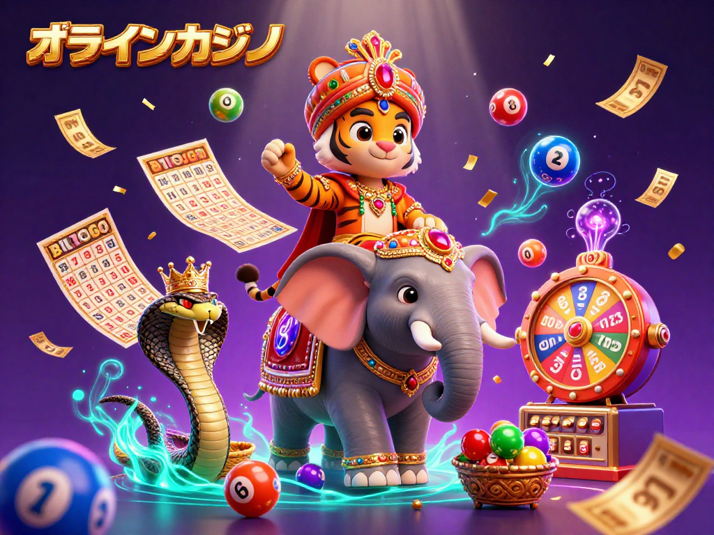 オンラインカジノの豪華なカジノゲームシーンで、魅力的な虎のマハラジャと象が楽しく遊んでいます。