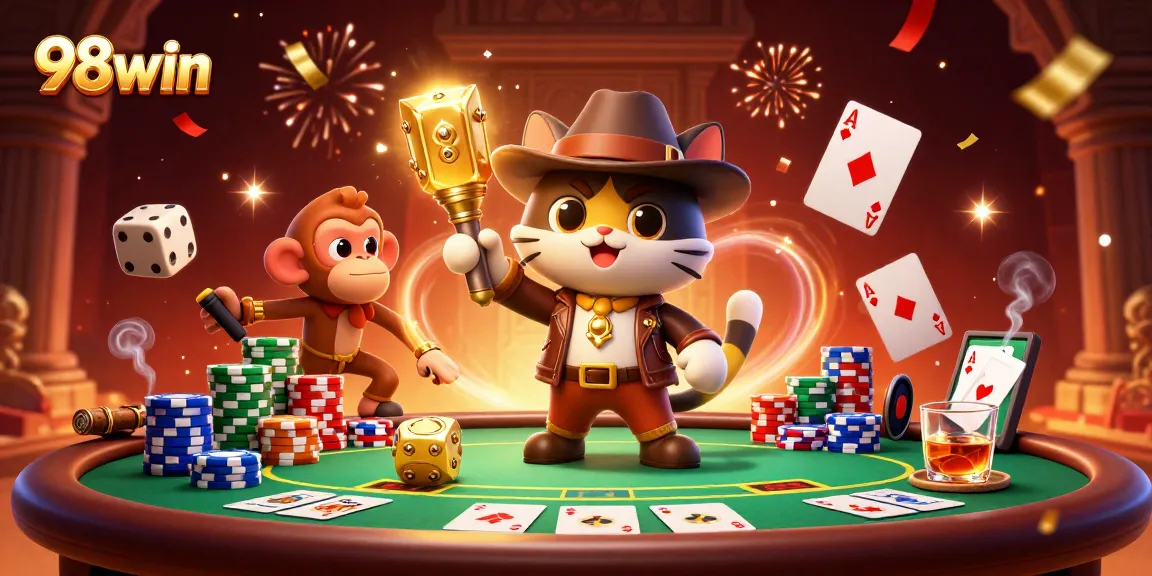 Engage with 98win's thrilling casino adventure featuring a cartoon archaeologist cat and vibrant gaming elements.
