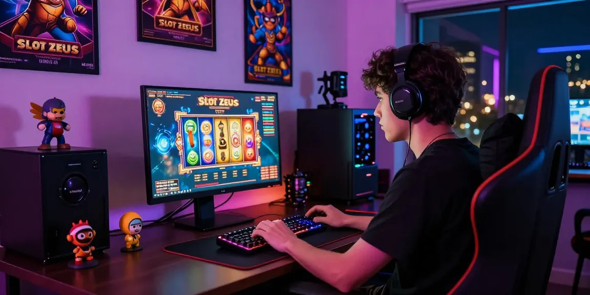 Engaging Slot Zeus online gaming scene with player, vibrant graphics, and accessories
