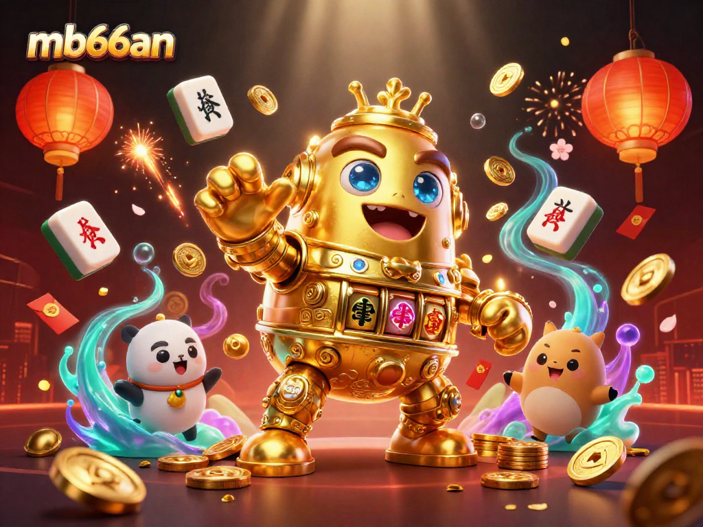 Engage with mb66an's captivating 3D scene featuring a golden golem and vibrant gambling elements.
