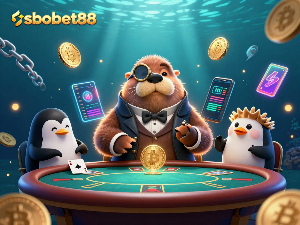Engage in thrilling sbobet88 gaming with our vibrant underwater poker scene featuring a jolly walrus and friends.