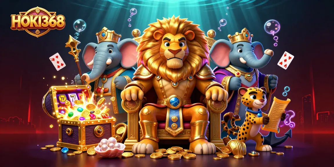 Experience captivating adventures with HOKI368 as a regal lion king presides over dynamic casino action.