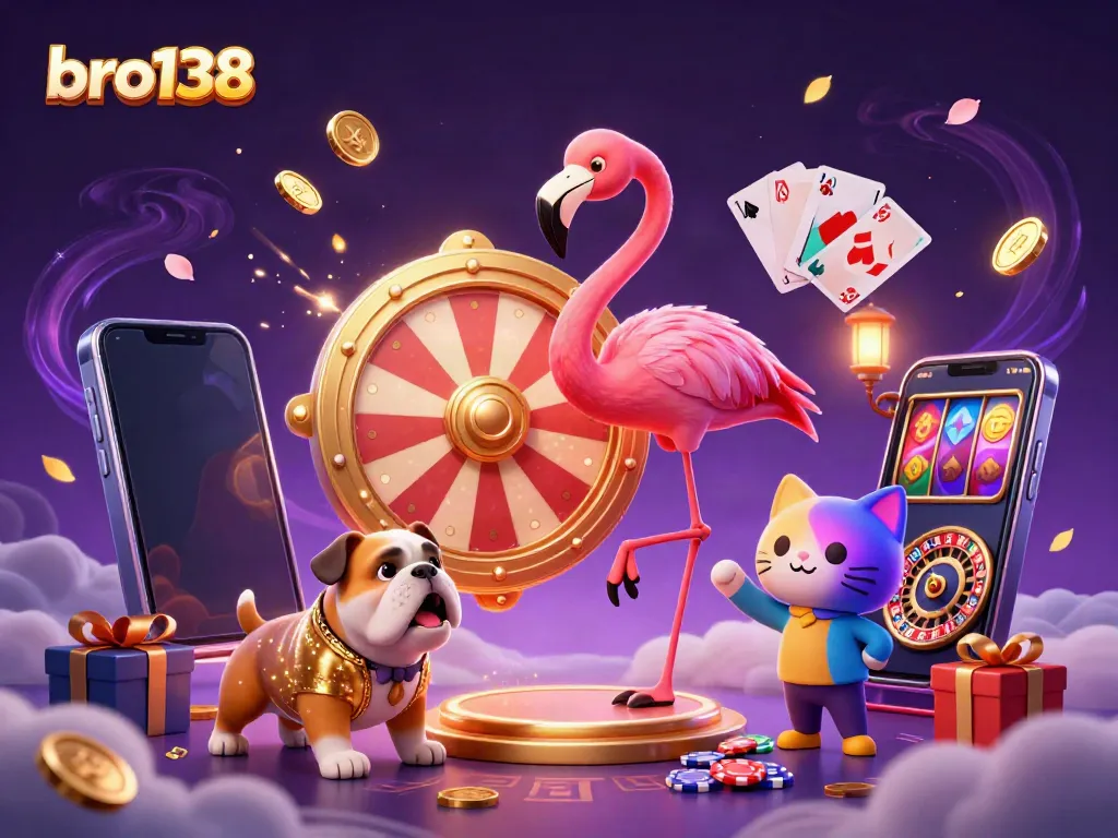 Celebrate fun at the bro138 casino with a vibrant game show scene featuring a flamingo host, bulldog contestant, and prize reveal.