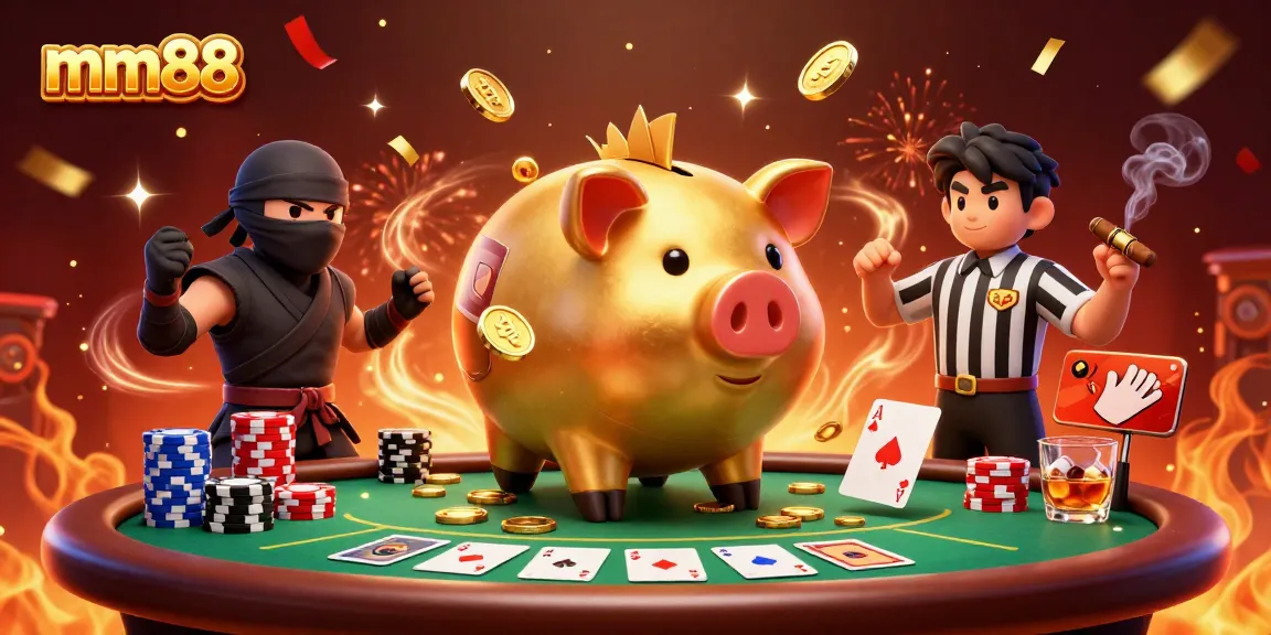 Experience exciting moments with mm88 as the golden piggy bank sumo wrestler shakes coins amidst dynamic poker action.