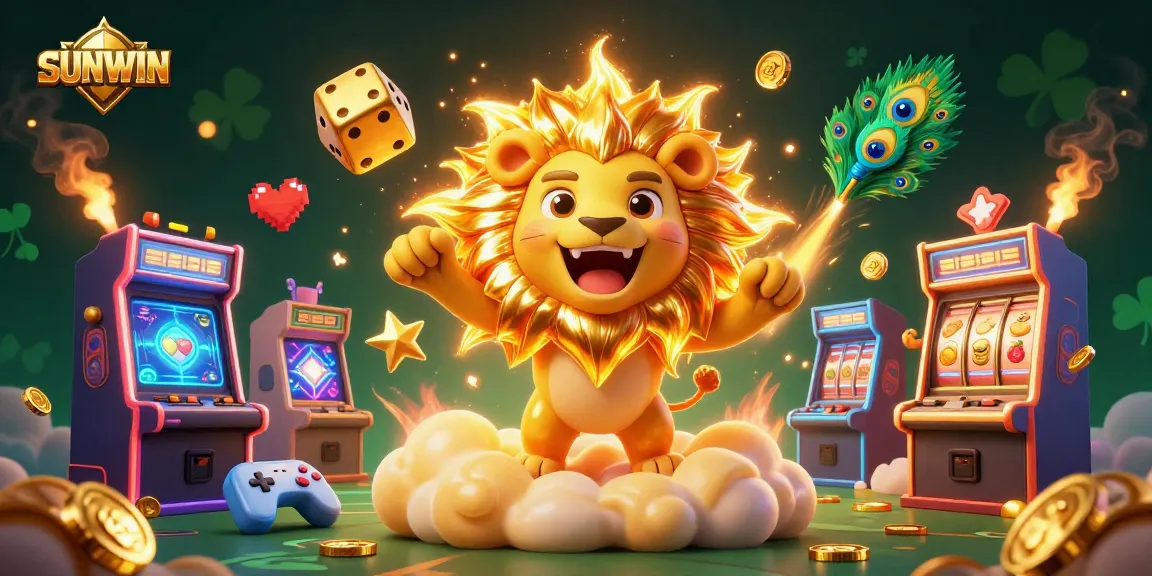 SUNWIN ignites excitement with a vibrant 3D casino scene featuring a roaring lion and golden dice.