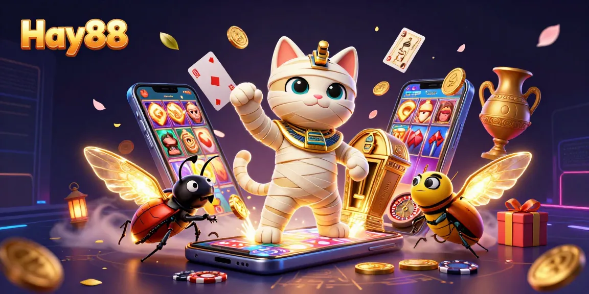 Engage in thrilling gaming at Hay88, featuring an Egyptian mummy cat and exciting casino elements.