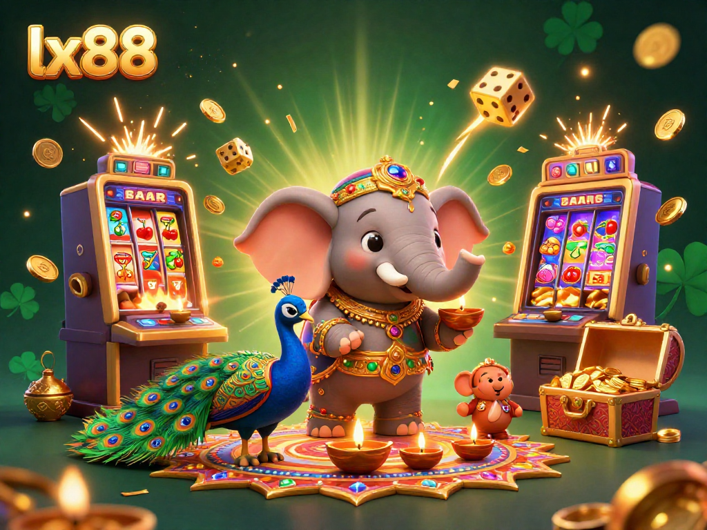Engage with lx88's vibrant gaming atmosphere featuring a captivating jackpot scene with a colorful 3D elephant.
