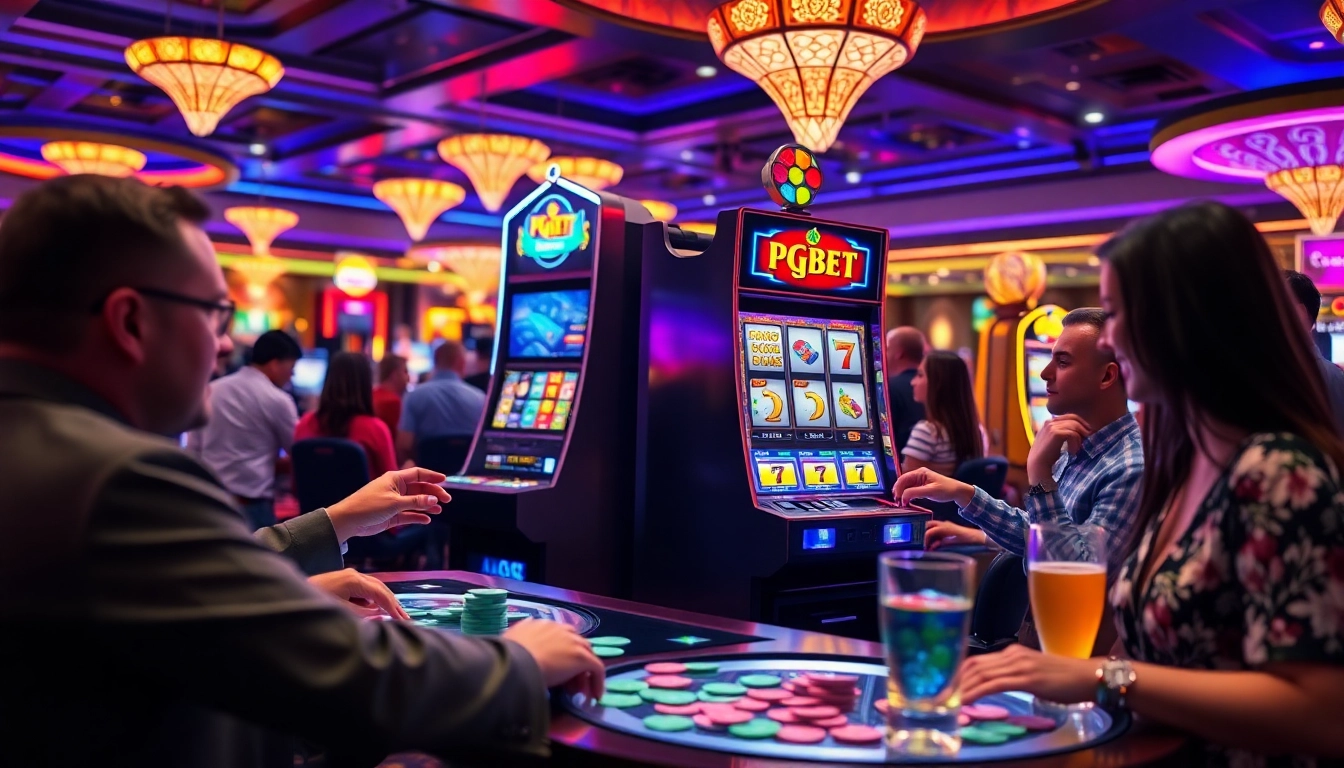 Taruhan di pgbet slot dengan pemain bersemangat di kasino yang meriah.