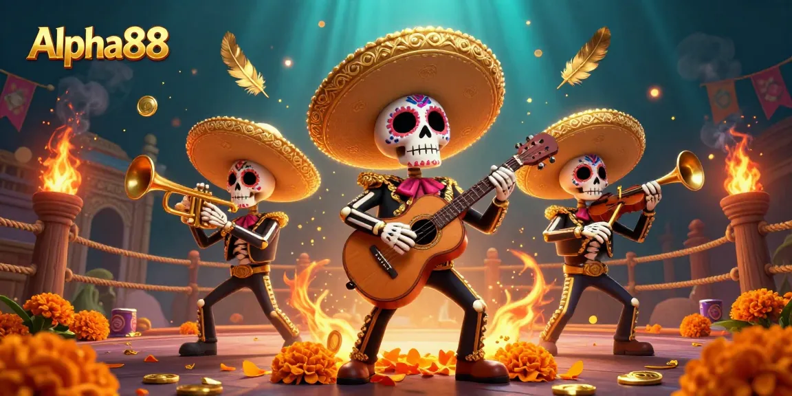 Experience thrilling gameplay at Alpha88 with a vibrant Day of the Dead mariachi band surrounded by casino elements.