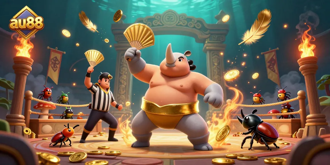 Experience thrilling action with the au88 sumo beetle champion amidst swirling golden coins in a dynamic casino scene.