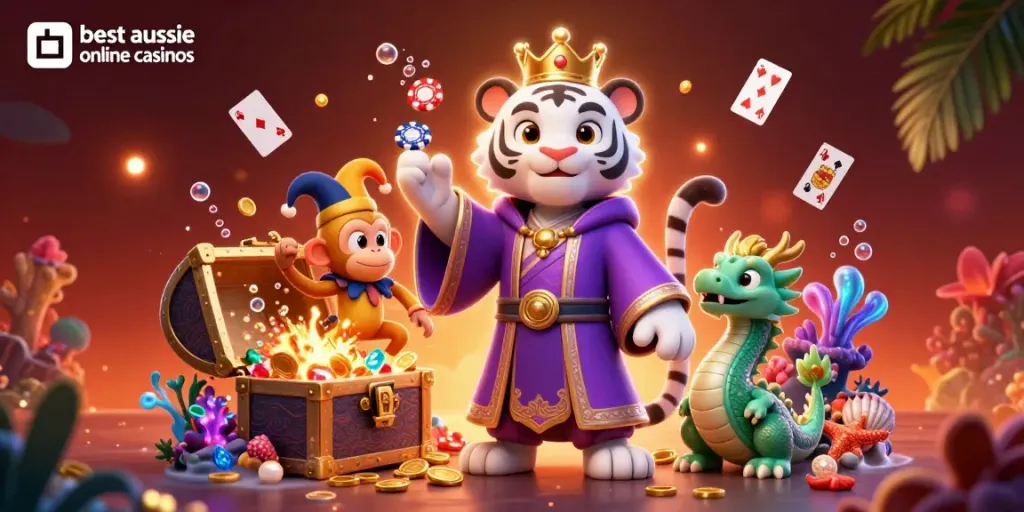 Engaging scene showcasing the best Aussie online casinos with a playful tiger, monkey, and dragon surrounded by poker elements.