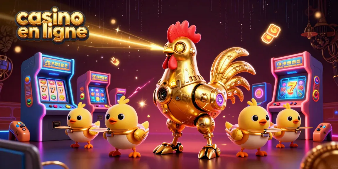 Jouez au casino en ligne avec un robot coq doré et des drones poussins entourés d'éléments de jeux.