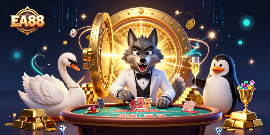 Place bets at EA88 with a charming wolf, elegant swan, and sophisticated penguin in a luxurious casino scene.