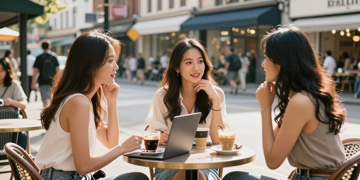 Gái gọi đang trò chuyện vui vẻ trong quán cà phê ở phố, thể hiện phong cách thời trang hiện đại.