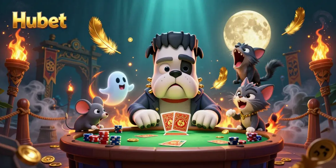 Engage in thrilling card games with Hubet featuring a Frankenstein bulldog dealer, spooky ambiance, and ghostly companions.