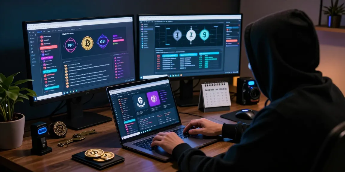 Exploring the Best Darknet Markets 2026 on a laptop in a secure, dimly lit environment, highlighting cryptographic tools and vibrant market displays.