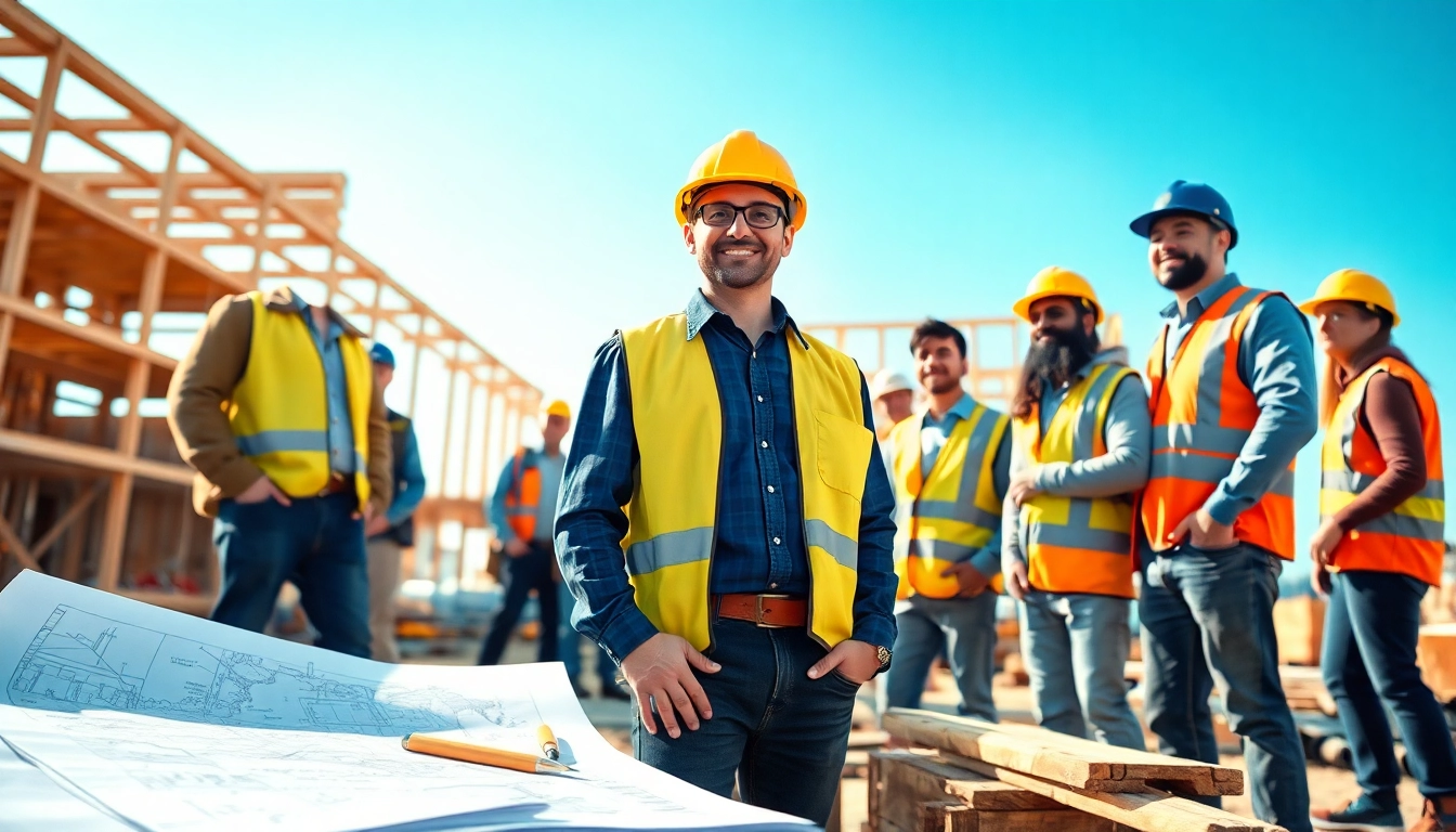 New Jersey General Contractor managing a construction site with blueprints, tools, and a diverse team.