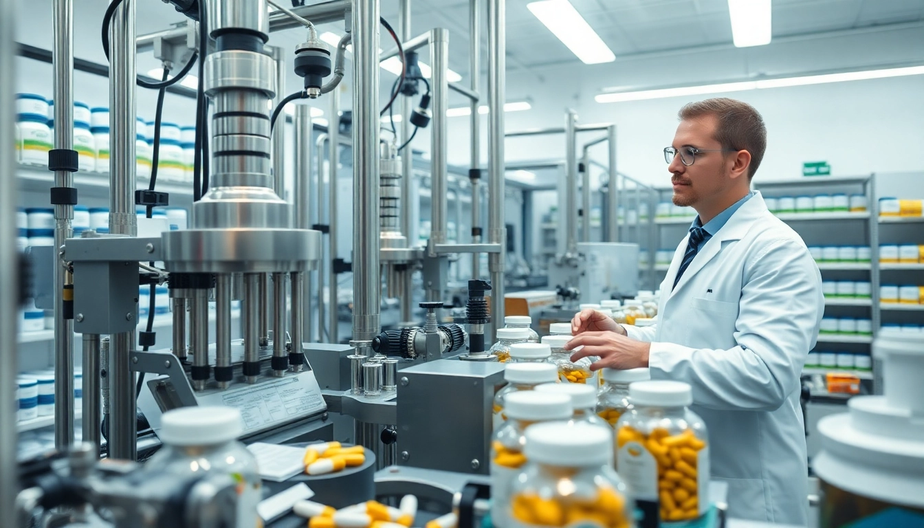 Showcasing a Private Label Supplement Manufacturer with advanced machinery and a technician overseeing production