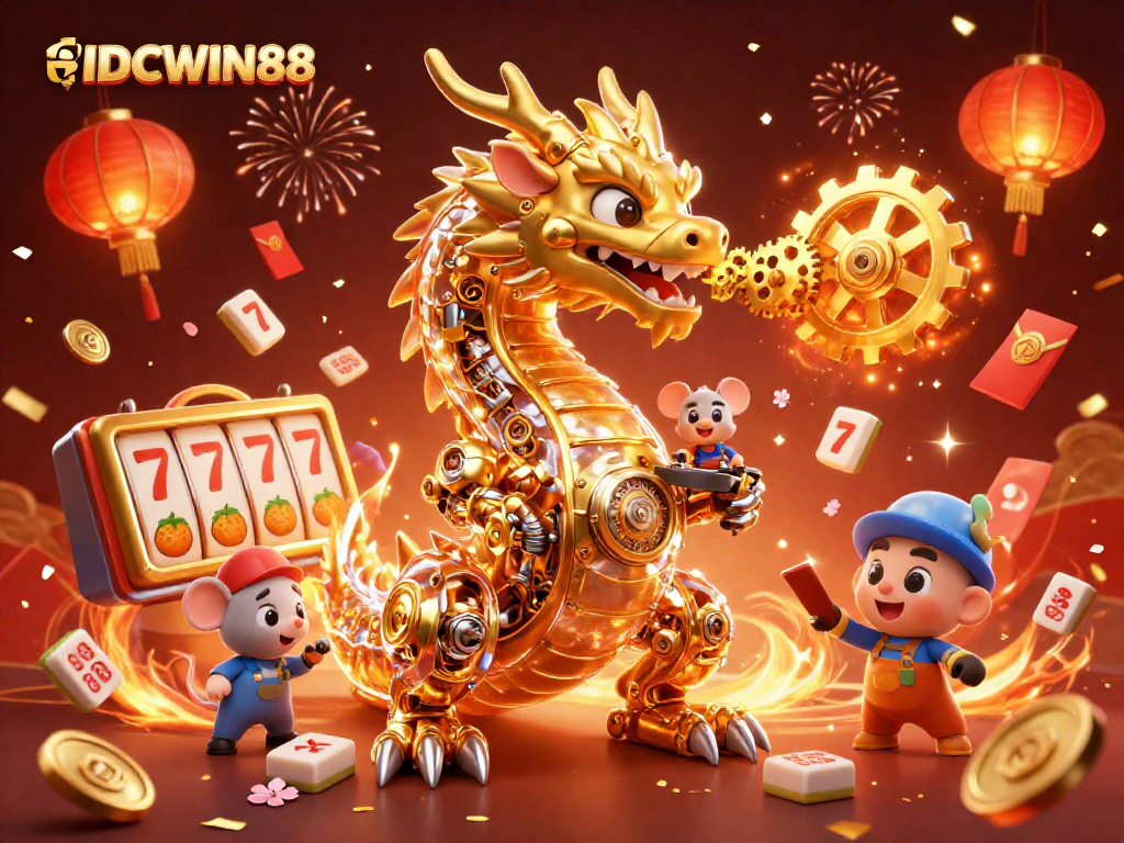 Experience the excitement of IDCWIN88 with a vibrant 3D casino illustration featuring a golden dragon and action-packed gaming elements.