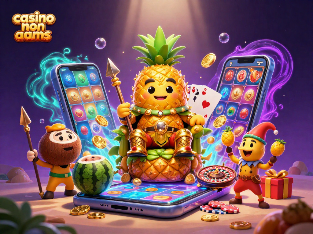 Scopri i casinò non AAMS attraverso un'illustrazione vivace di un re ananas e gli elementi del gioco