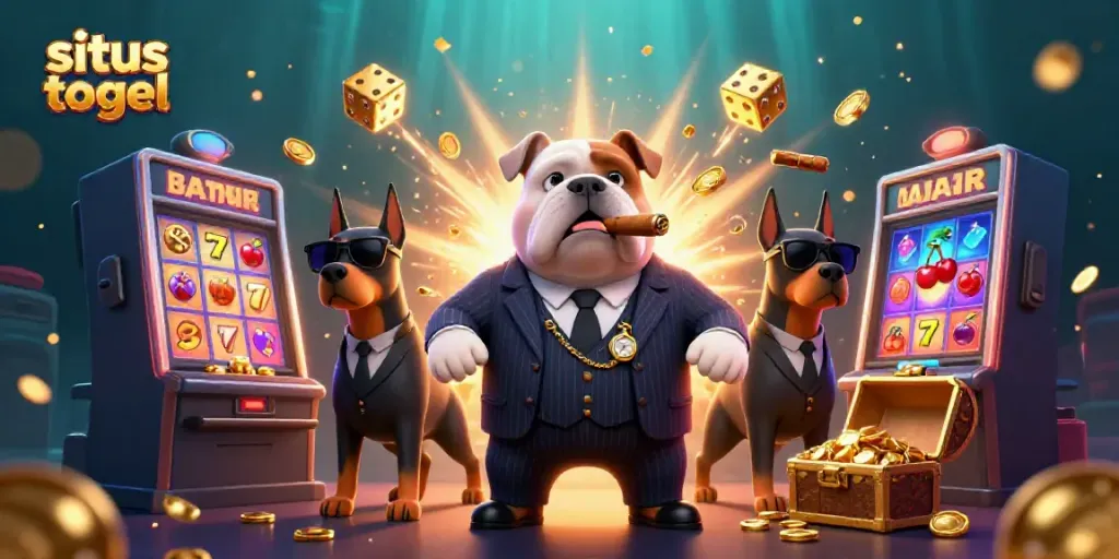 Engage with situs togel through a vibrant casino scene featuring a cartoon mafia bulldog and bodyguards.