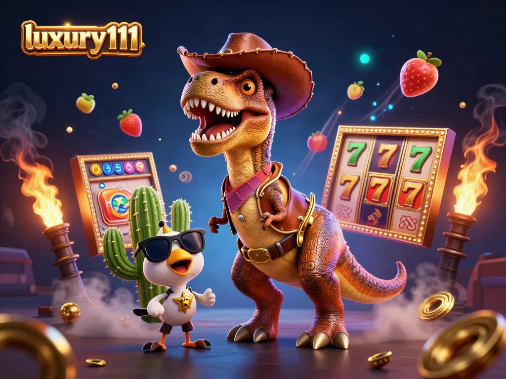Experience the excitement of luxury111 with a vibrant slot game scene featuring a T-Rex and fun characters.