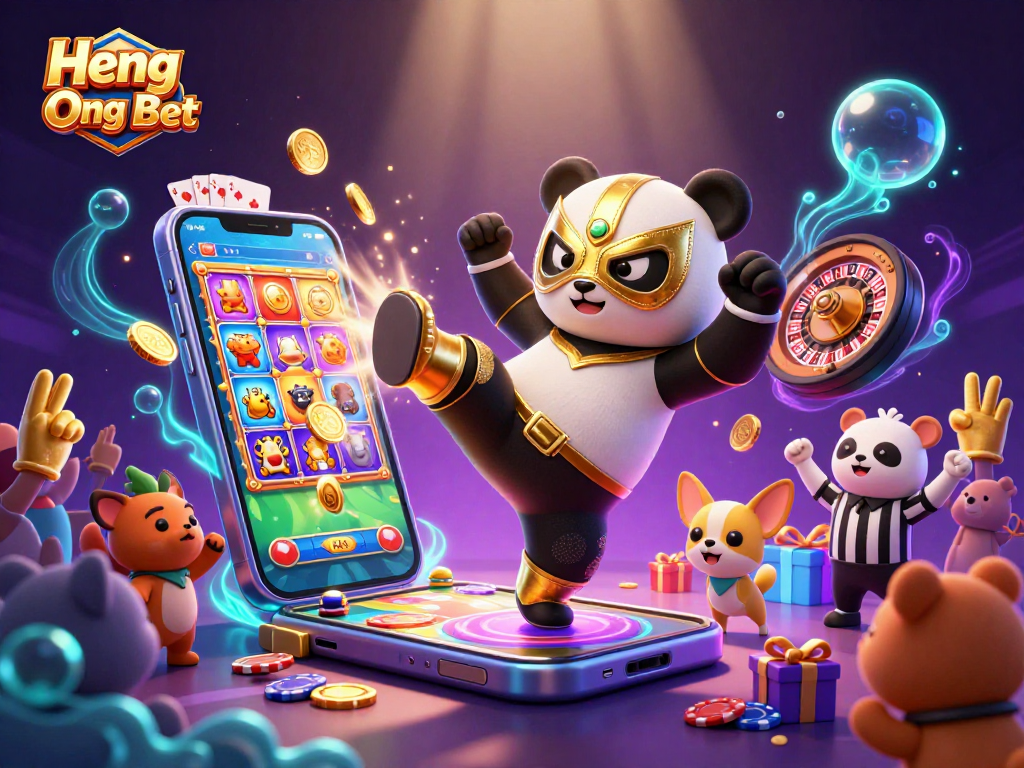 Engage with Heng Ong Bet as a cartoon panda wrestler leaps into action amidst a vibrant casino scene.