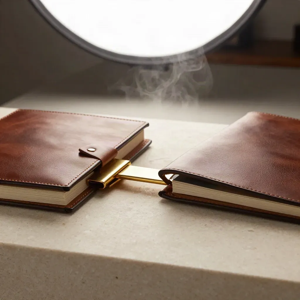 Two leather folios bridged by brass over a travertine plinth, with a small merger model between them.