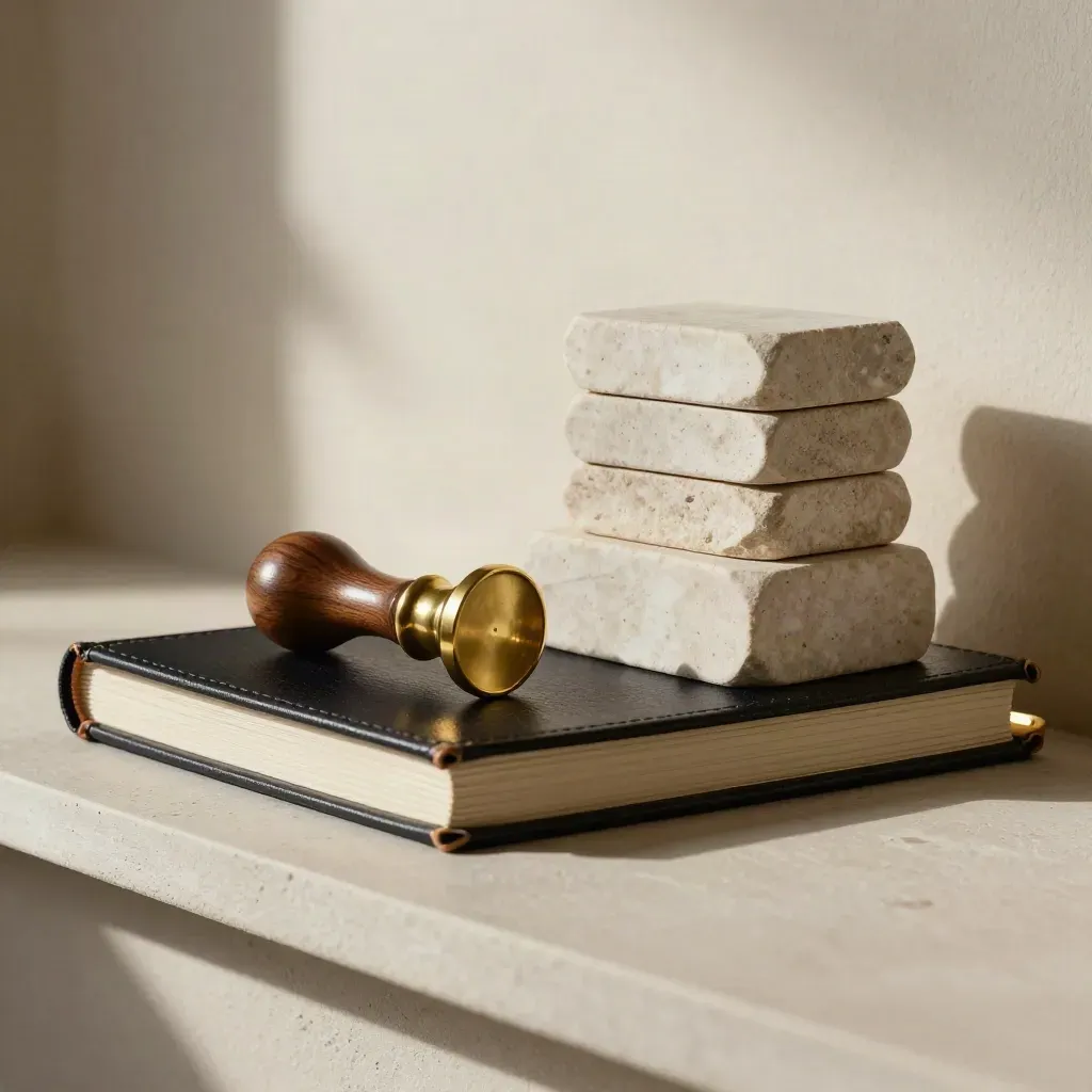 Brass seal, closed black folio, and pale stone blocks on a plaster shelf in warm editorial light