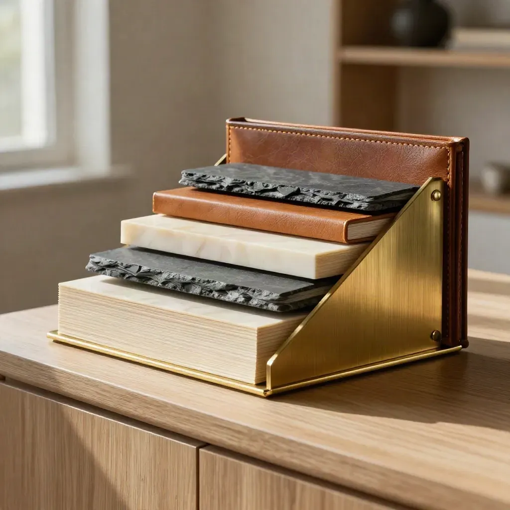 Ivory and slate strategy blocks beside a leather binder and brass divider on pale oak
