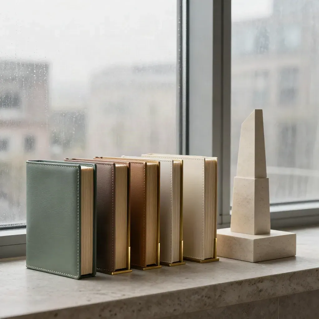 Brass portfolio blocks and leather folios by a hazy city window on pale stone.