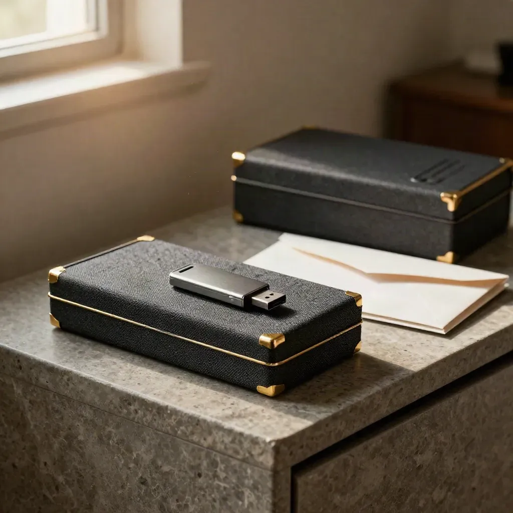 Investor-ready fundraising pack with cases, USB drive, and sealed sleeves on stone sideboard.
