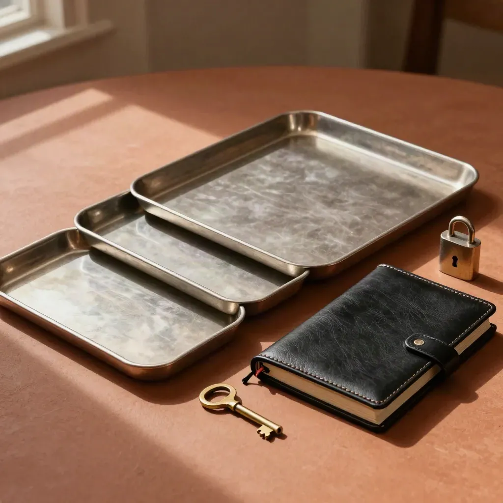 Overhead still life of cash trays, closed ledger and brass key on warm plaster.