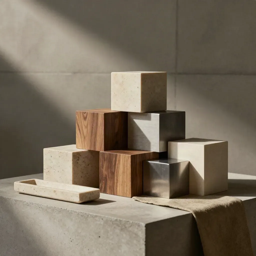 Stone, wood, and metal cubes form a balanced portfolio model on a concrete slab.