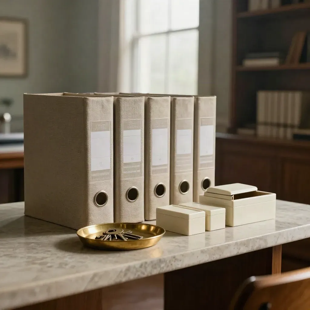 Stone console with binders, brass tray and three model deal boxes in a warm office corner.