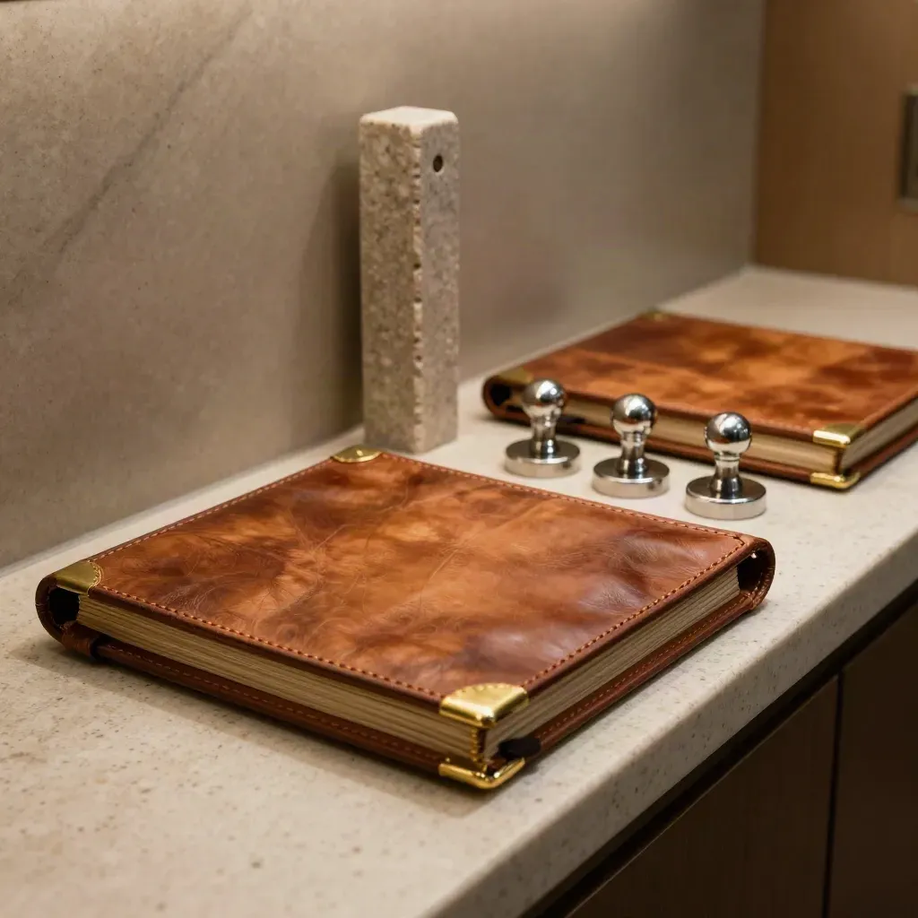 Leather folios, stone divider, and aligned closing weights on a travertine ledge.