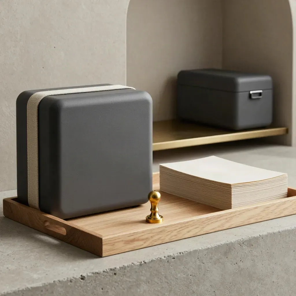 Closed matte funding cases and brass seal on a concrete ledge in a refined finance setting.